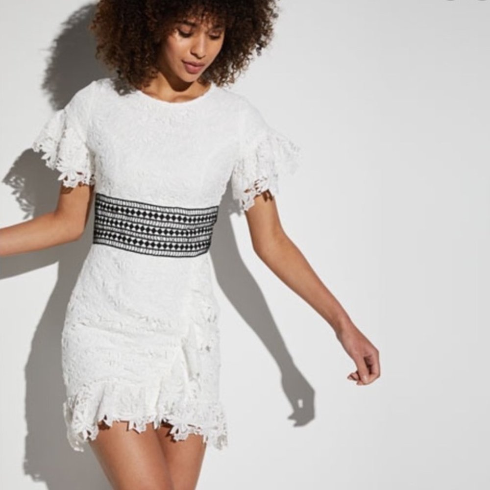 Bardot White Lace Mini Dress with Black Accents